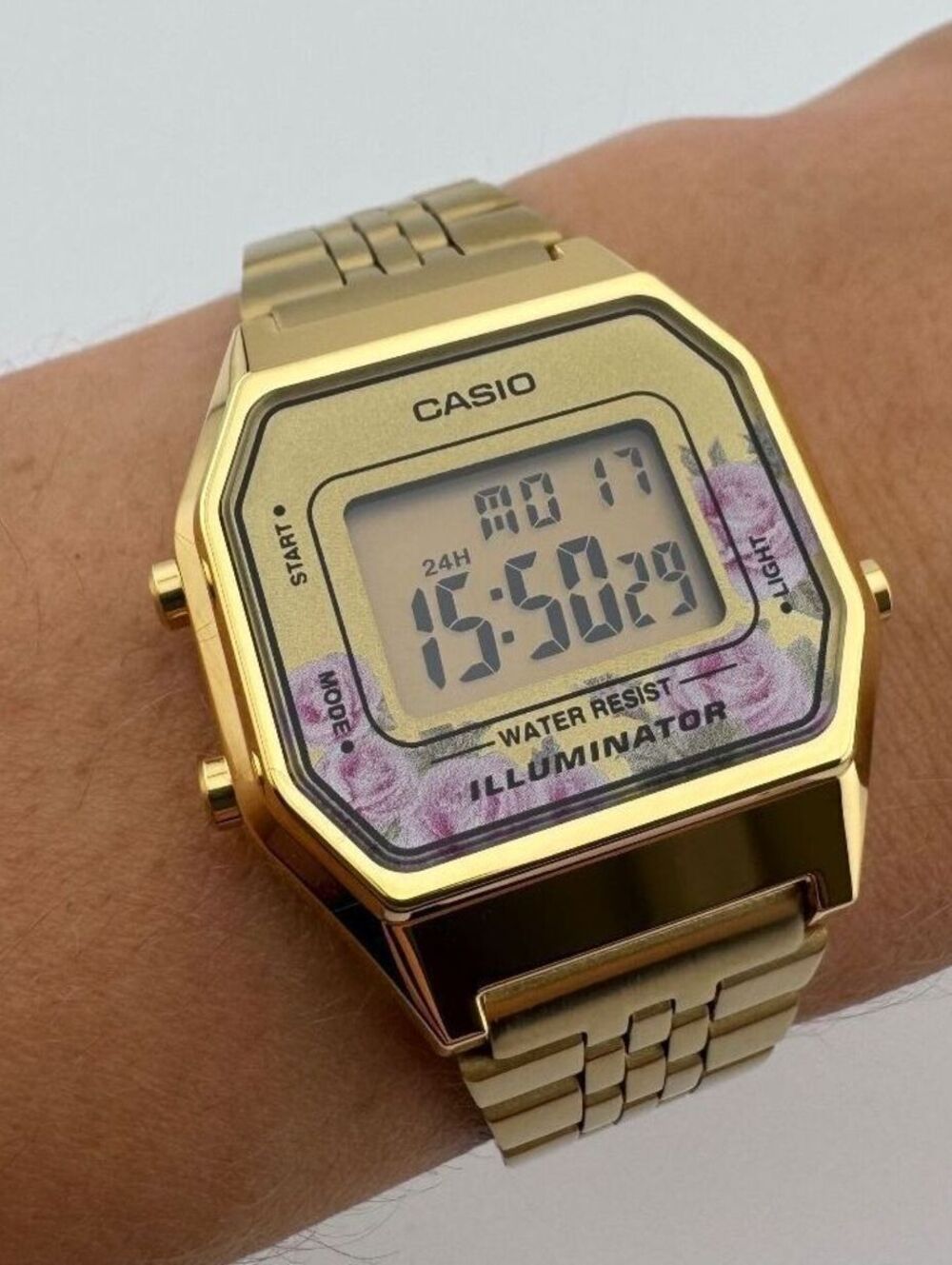 Casio LA680WGA-4C Gold Digital Watch, Vintage Style Floral Face